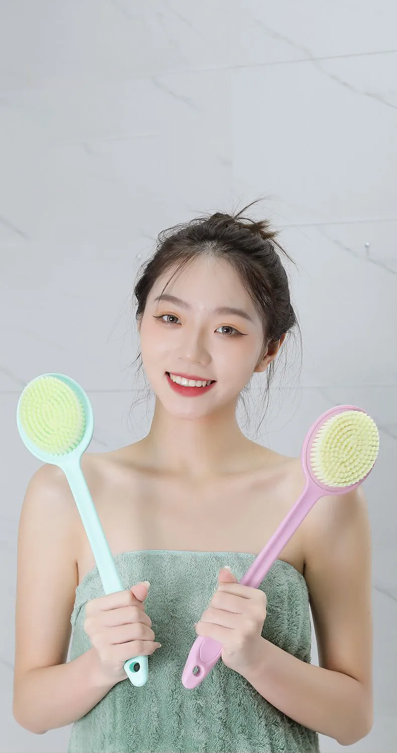 Bath brush with long handle and soft bristles for scrubbing the back, perfect for adults who need a back scrubber Pink-1