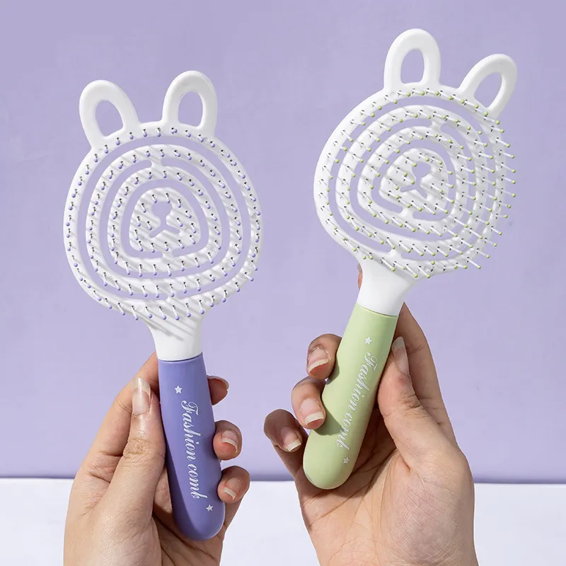 Bear-shaped elastic hollow massage comb, fluffy high-crown comb, ribbed comb for girls, student dorm use Blue L-3