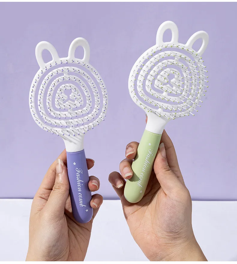 Bear-shaped elastic hollow massage comb, fluffy high-crown comb, ribbed comb for girls, student dorm use Blue L-1