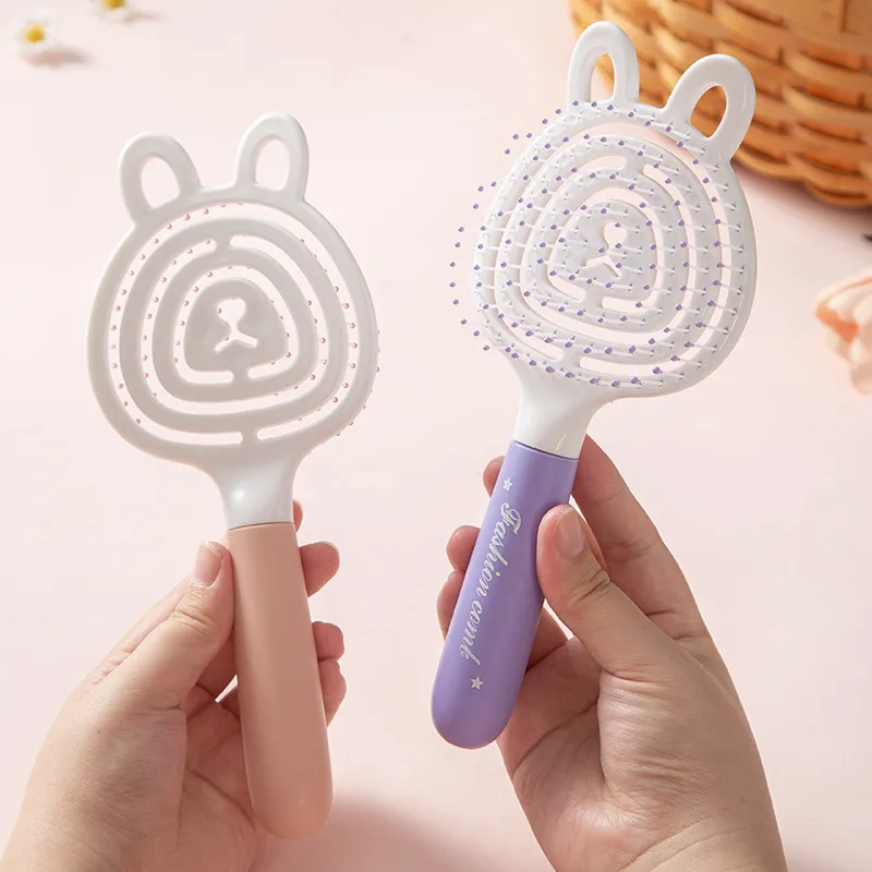 Bear-shaped elastic hollow massage comb, fluffy high-crown comb, ribbed comb for girls, student dorm use Pink L-2
