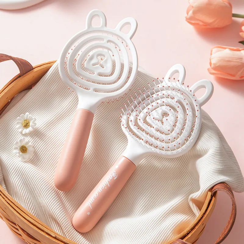Bear-shaped elastic hollow massage comb, fluffy high-crown comb, ribbed comb for girls, student dorm use Pink L-3