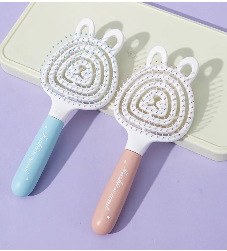 Bear-shaped elastic hollow massage comb, fluffy high-crown comb, ribbed comb for girls, student dorm use Pink L-1