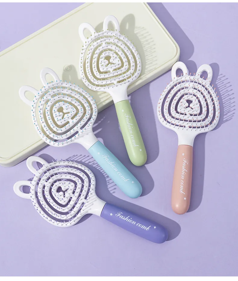 Bear-shaped elastic hollow massage comb, fluffy high-crown comb, ribbed comb for girls, student dorm use Pink L-2