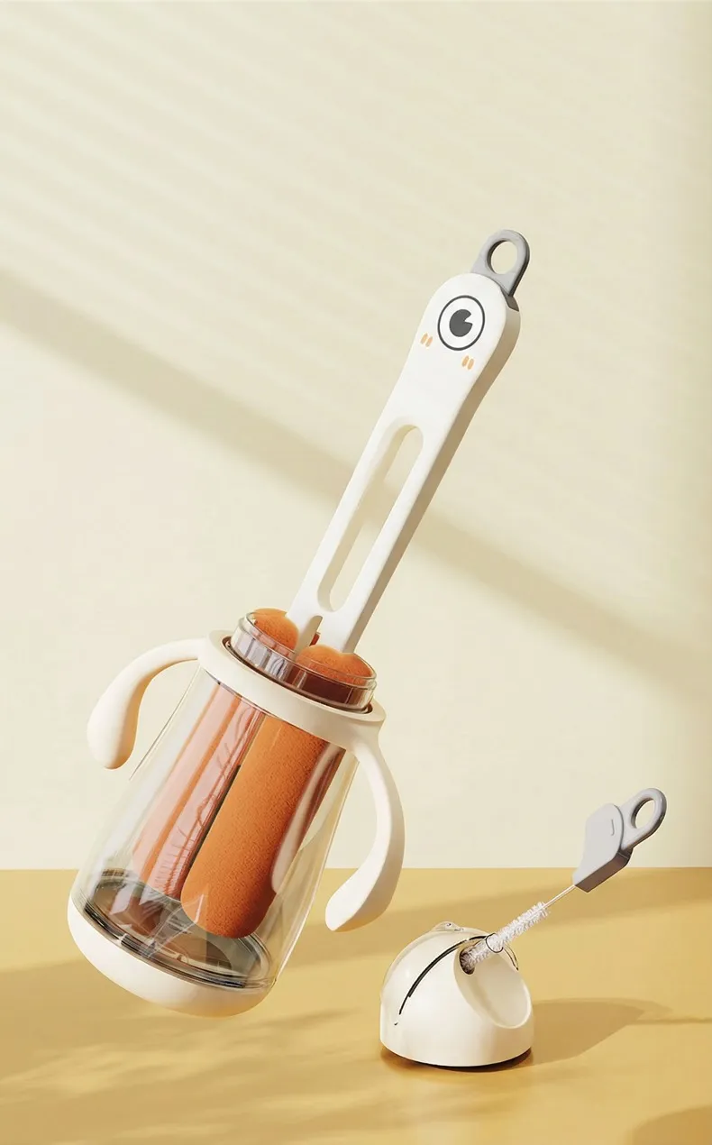 Big-eyed cute cup brush, multi-functional 3-in-1 cup cleaning tool, household thermos cup cleaning brush.Double-ended sponge brush Green-3