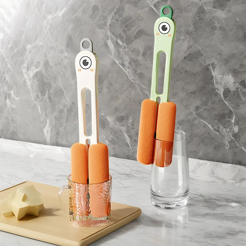 Big-eyed cute cup brush, multi-functional 3-in-1 cup cleaning tool, household thermos cup cleaning brush.Double-ended sponge brush White-3