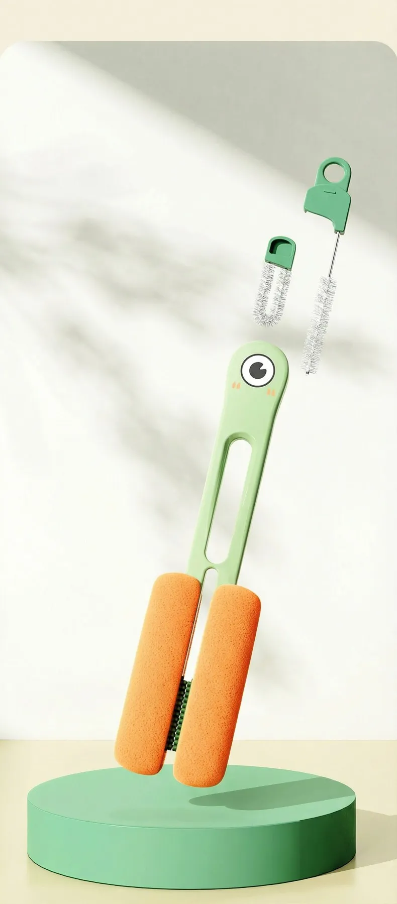 Big-eyed cute cup brush, multi-functional 3-in-1 cup cleaning tool, household thermos cup cleaning brush.Double-ended sponge brush White-2