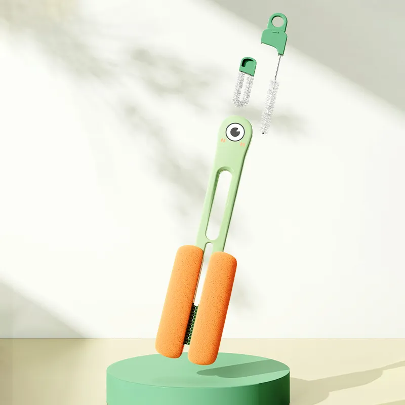 Big-eyed cute cup brush, multi-functional 3-in-1 cup cleaning tool, household thermos cup cleaning brush.Double-ended sponge brush Orange-2