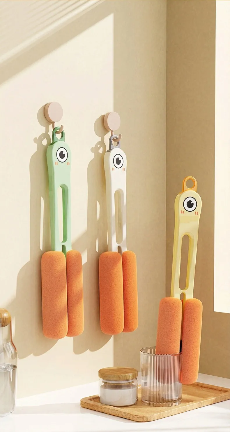 Big-eyed cute cup brush, multi-functional 3-in-1 cup cleaning tool, household thermos cup cleaning brush.Double-ended sponge brush Orange-1