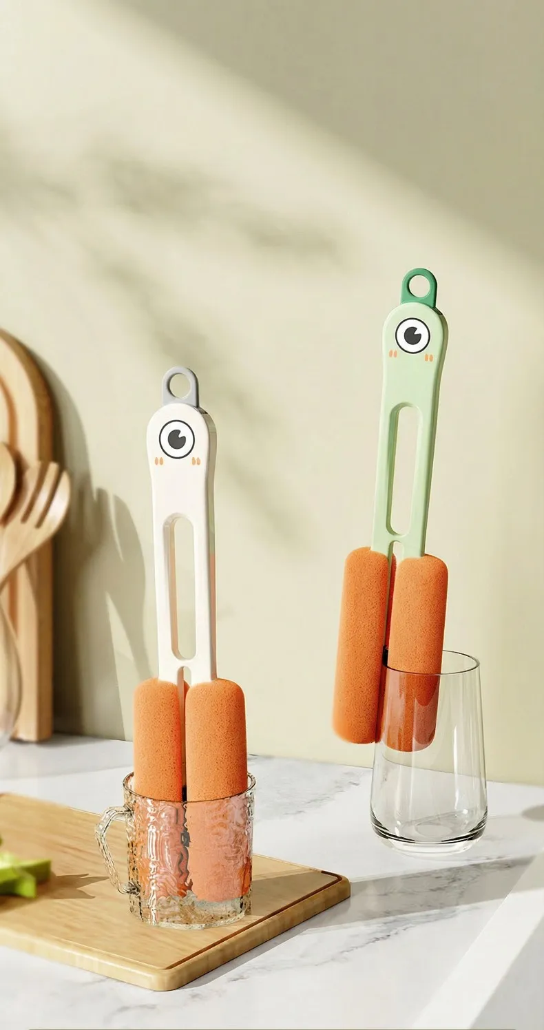 Big-eyed cute cup brush, multi-functional 3-in-1 cup cleaning tool, household thermos cup cleaning brush.Double-ended sponge brush Orange-4