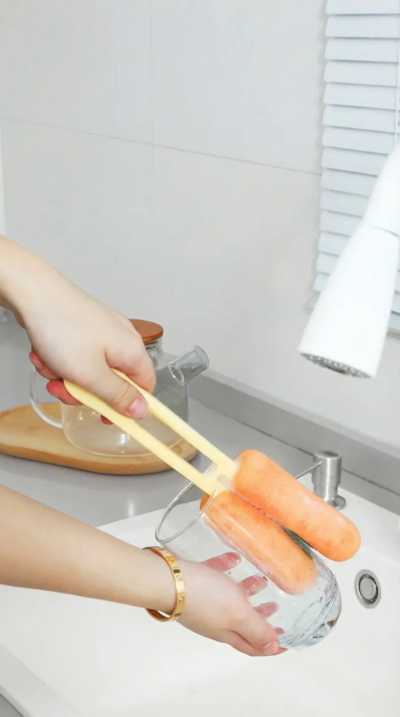 Big-eyed cute cup brush, multi-functional 3-in-1 cup cleaning tool, household thermos cup cleaning brush.Double-ended sponge brush Orange-5