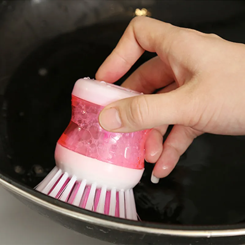 Brush with built-in liquid dispenser, press-type automatic liquid dispensing dishwashing brush, non-stick oil, gentle on cookware Blue-7
