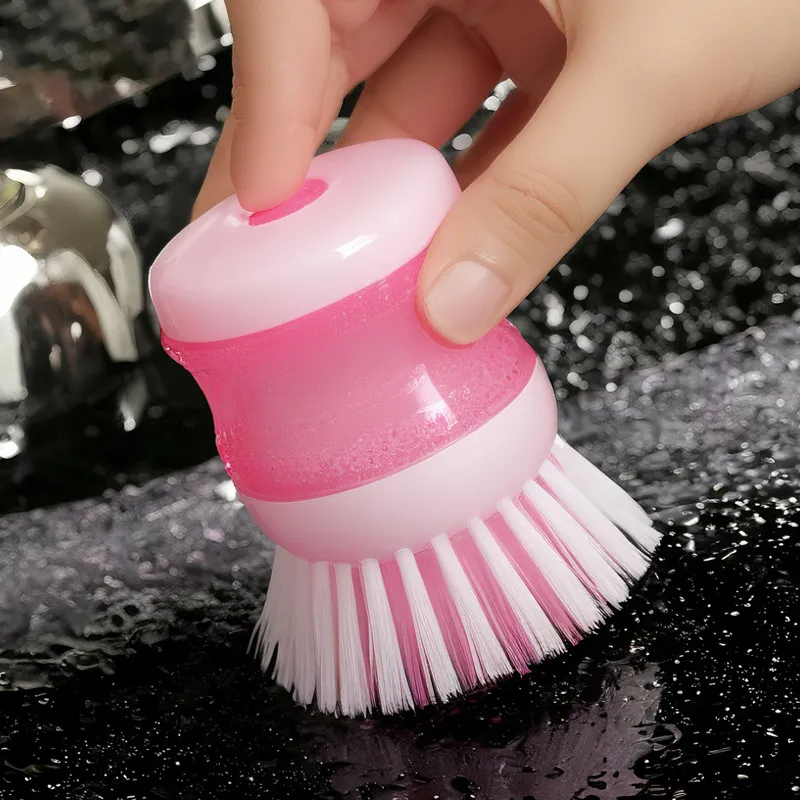 Brush with built-in liquid dispenser, press-type automatic liquid dispensing dishwashing brush, non-stick oil, gentle on cookware Pink-2