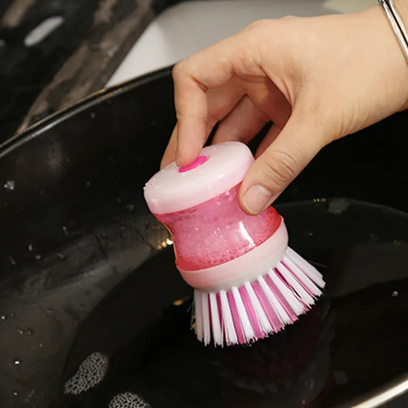 Brush with built-in liquid dispenser, press-type automatic liquid dispensing dishwashing brush, non-stick oil, gentle on cookware Pink-5