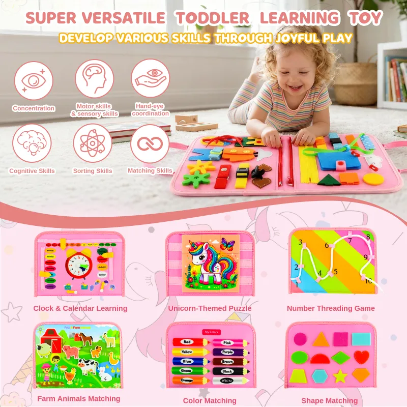 Busy Board Montessori Toys for Children Felt Sensory Activity Board Sorting Toy for Kids Pink-3