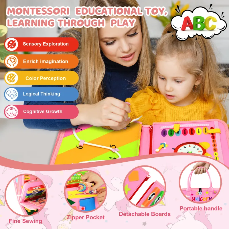 Busy Board Montessori Toys for Children Felt Sensory Activity Board Sorting Toy for Kids Pink-5