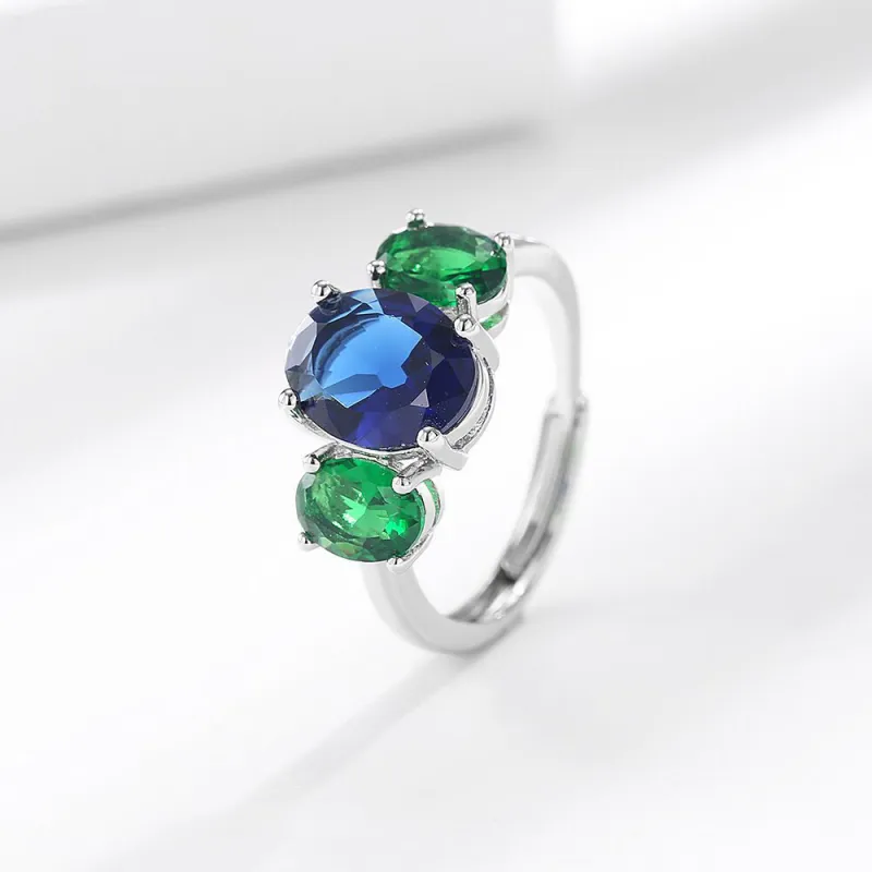 Colored Gemstone Ring, Popular in Europe and America, Imitation Sapphire Zircon Ring for Women, Emerald Oval Hand Jewelry