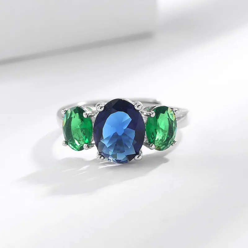 Colored Gemstone Ring, Popular in Europe and America, Imitation Sapphire Zircon Ring for Women, Emerald Oval Hand Jewelry Green-3
