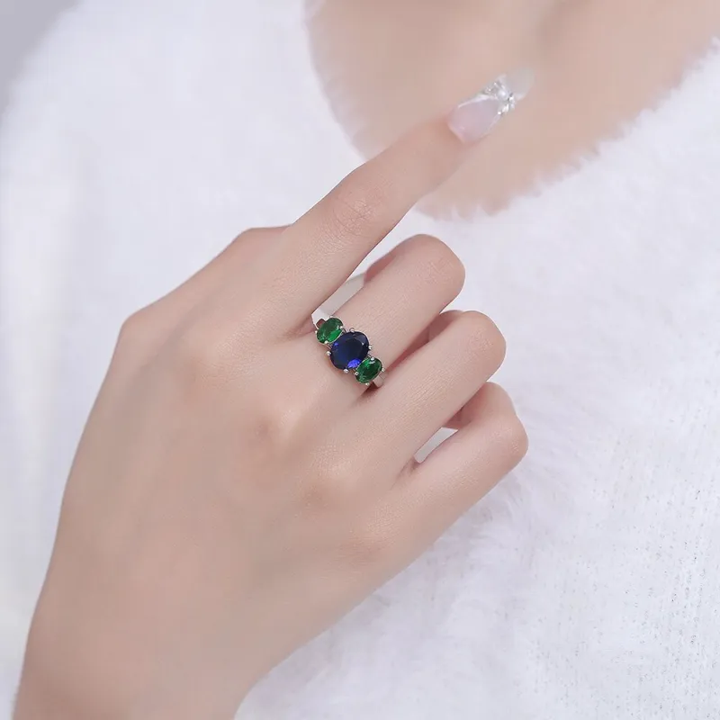 Colored Gemstone Ring, Popular in Europe and America, Imitation Sapphire Zircon Ring for Women, Emerald Oval Hand Jewelry Green-4