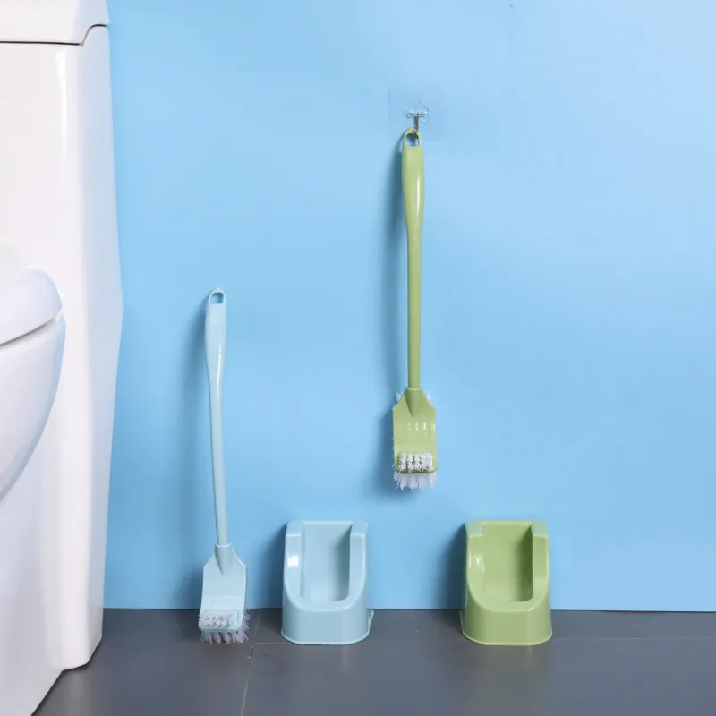 Creative curved long-handled plastic toilet brush set, with a square head for thorough cleaning and stain removal, includes a base. Blue-3