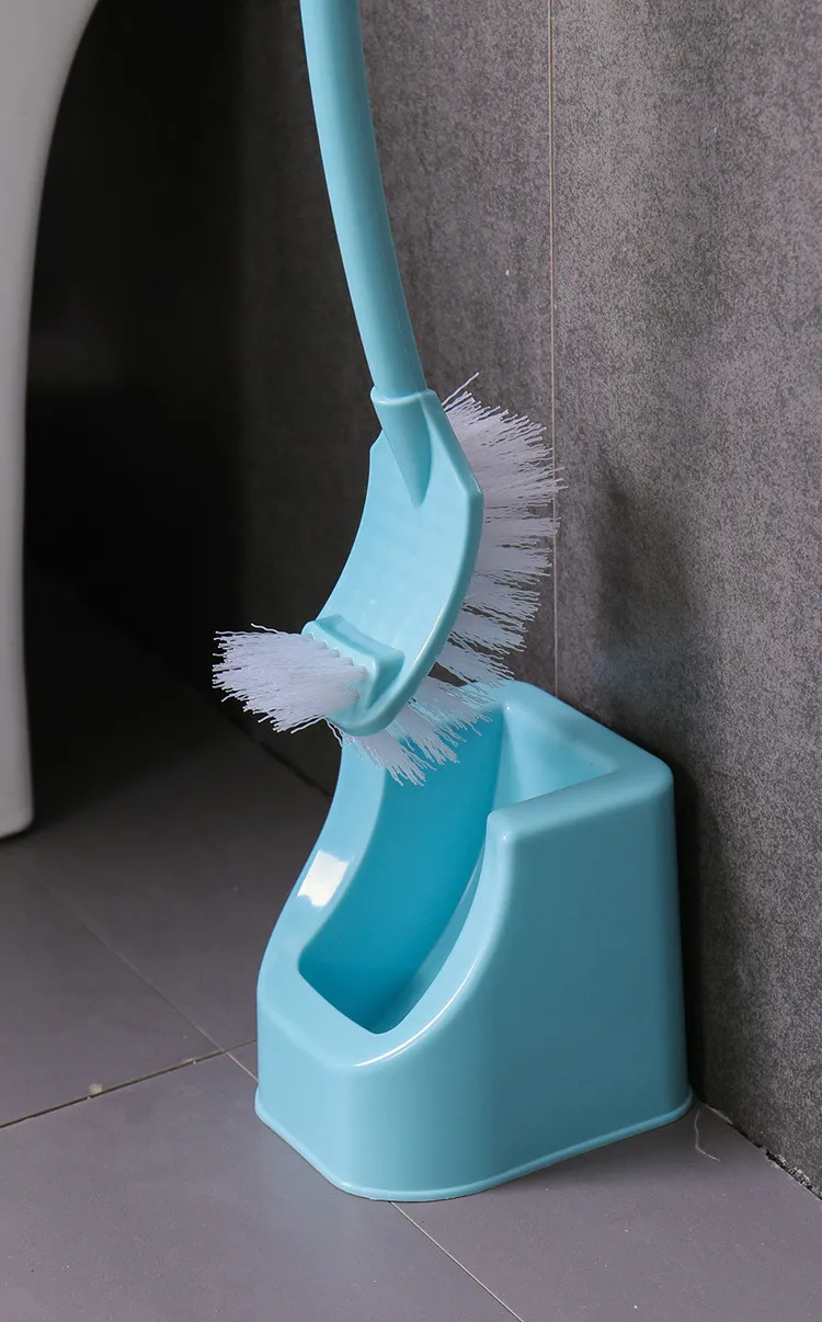 Creative curved long-handled plastic toilet brush set, with a square head for thorough cleaning and stain removal, includes a base. Blue-4