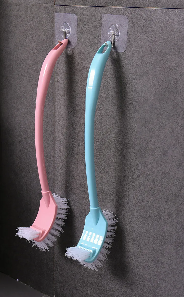 Creative curved long-handled plastic toilet brush set, with a square head for thorough cleaning and stain removal, includes a base. Blue-6