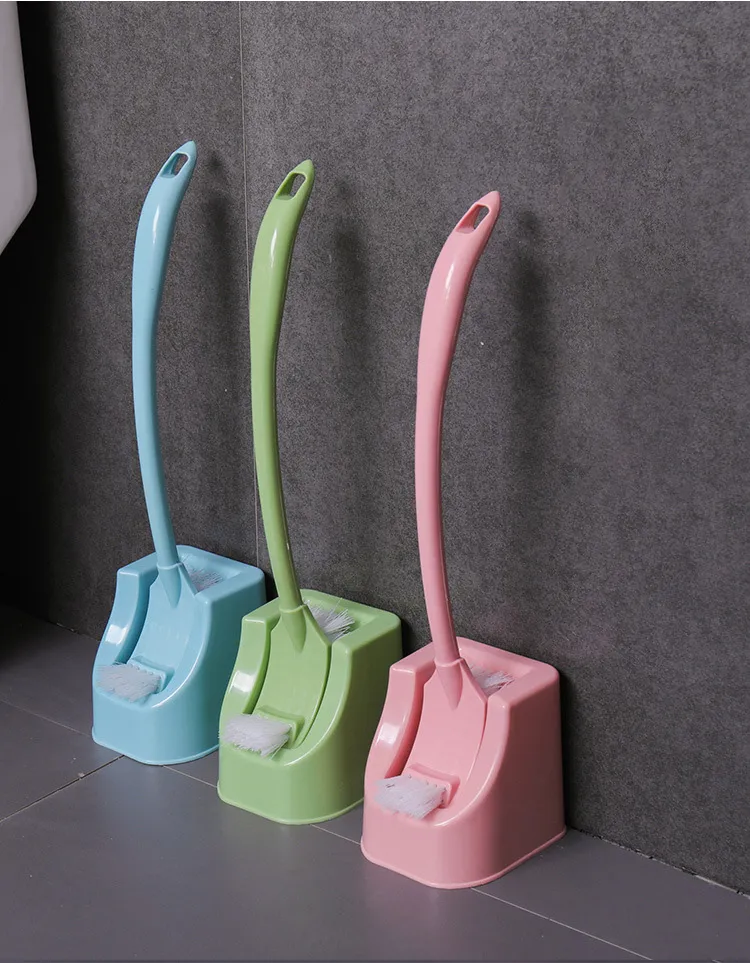 Creative curved long-handled plastic toilet brush set, with a square head for thorough cleaning and stain removal, includes a base. Pink-1