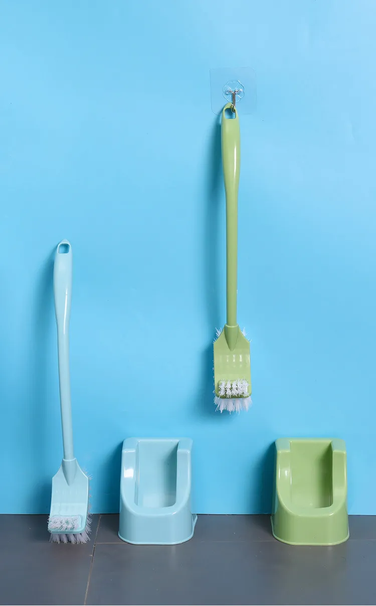 Creative curved long-handled plastic toilet brush set, with a square head for thorough cleaning and stain removal, includes a base. Pink-2