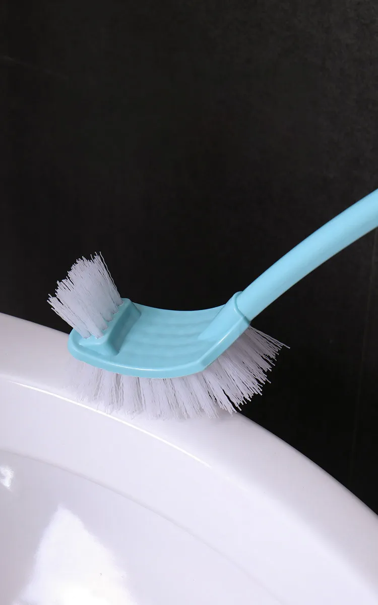 Creative curved long-handled plastic toilet brush set, with a square head for thorough cleaning and stain removal, includes a base. Pink-5