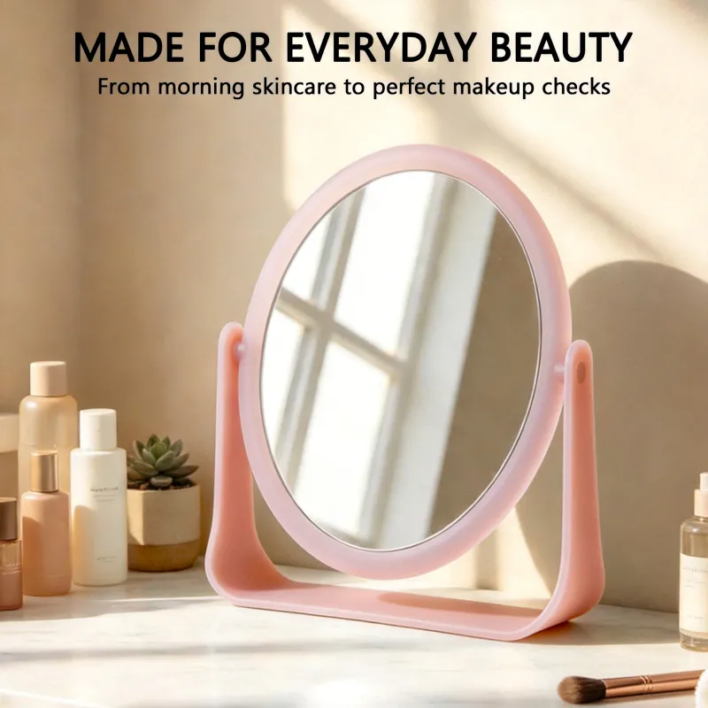 Desktop makeup mirror, rotatable round mirror for students' dorm desks, high-definition vanity mirror with double sides-Circle Pink-3