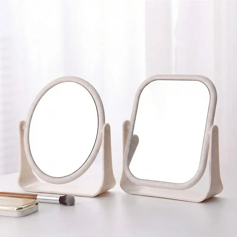 Desktop makeup mirror, rotatable round mirror for students' dorm desks, high-definition vanity mirror with double sides-Square Khaki-2