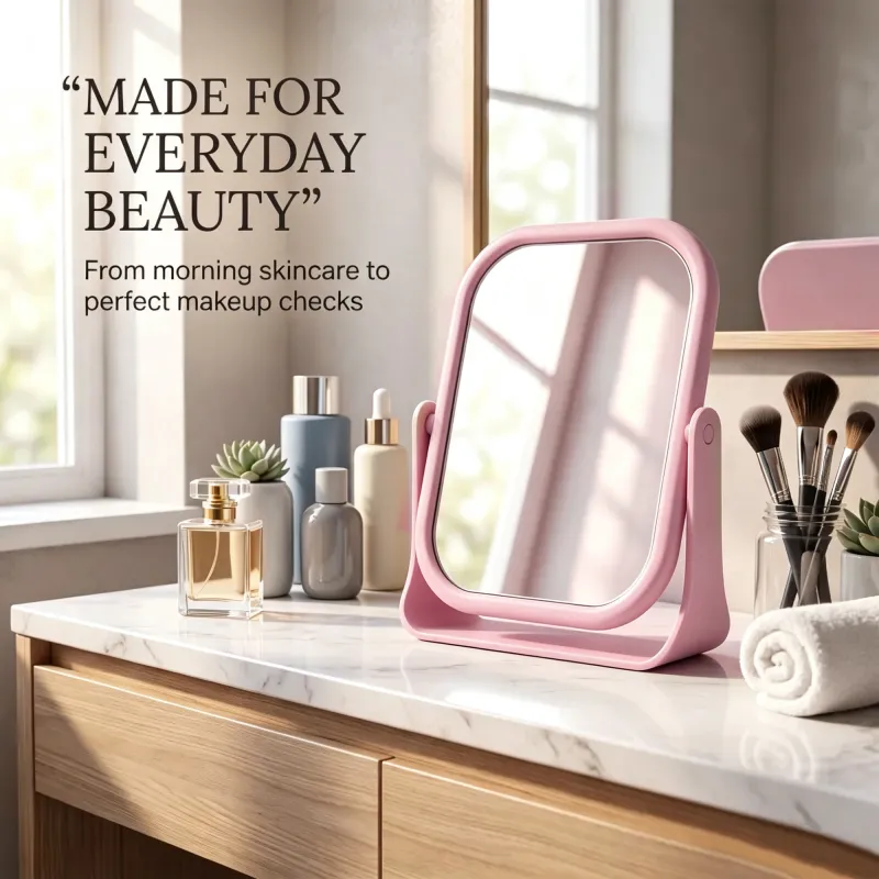 Desktop makeup mirror, rotatable round mirror for students' dorm desks, high-definition vanity mirror with double sides-Square Pink-4