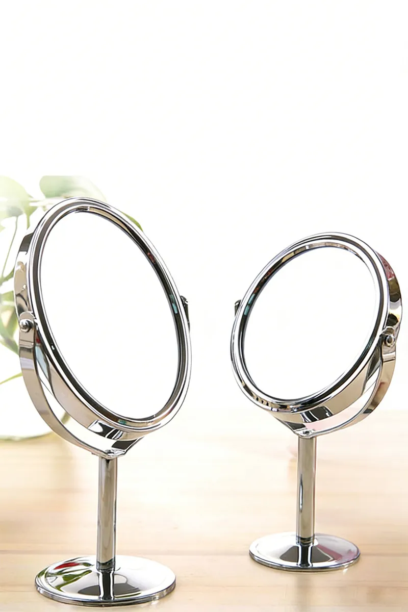 Desktop makeup mirror, rotatable stainless steel magnifying mirror, double-sided vanity mirror for students' dormitories and home use Silver-2