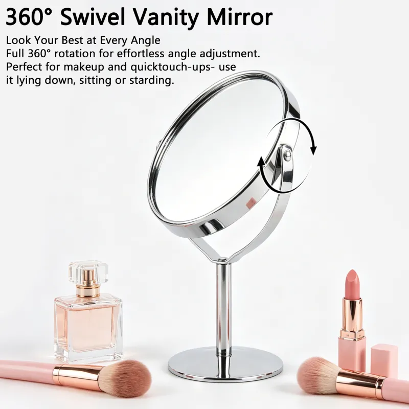 Desktop makeup mirror, rotatable stainless steel magnifying mirror, double-sided vanity mirror for students' dormitories and home use Silver-2
