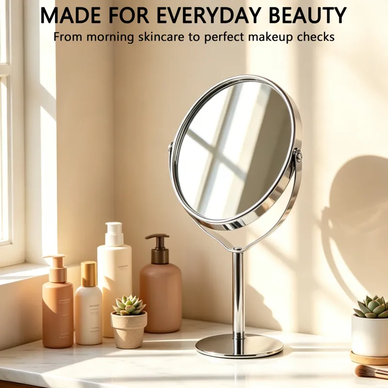 Desktop makeup mirror, rotatable stainless steel magnifying mirror, double-sided vanity mirror for students' dormitories and home use Silver-3
