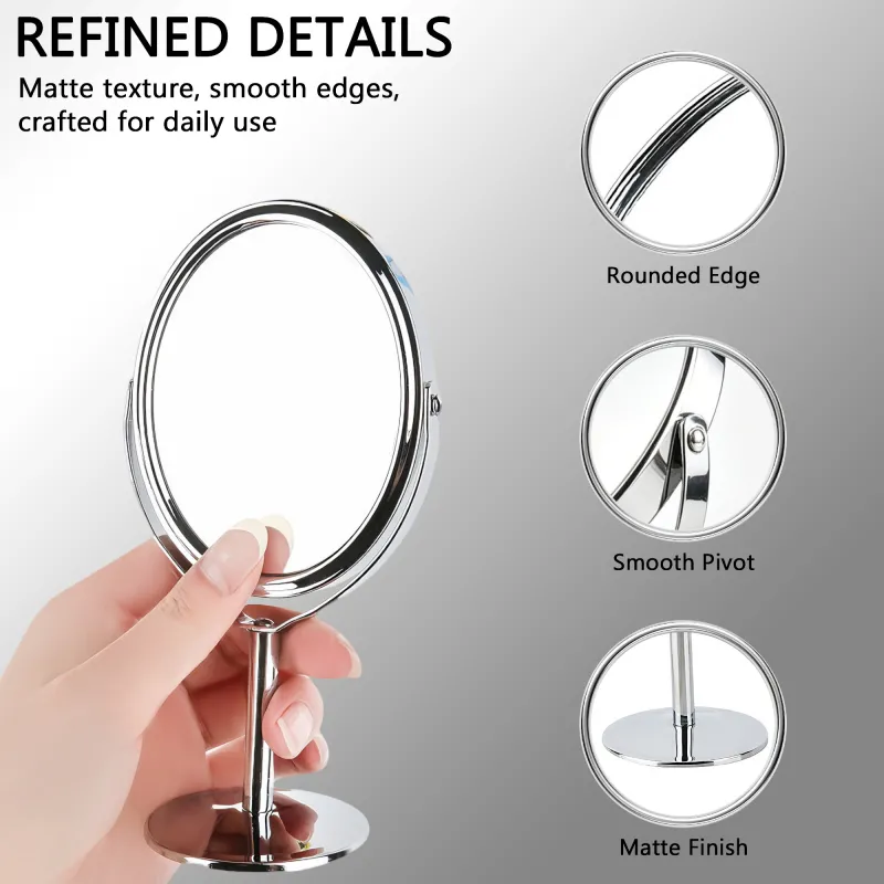 Desktop makeup mirror, rotatable stainless steel magnifying mirror, double-sided vanity mirror for students' dormitories and home use Silver-4