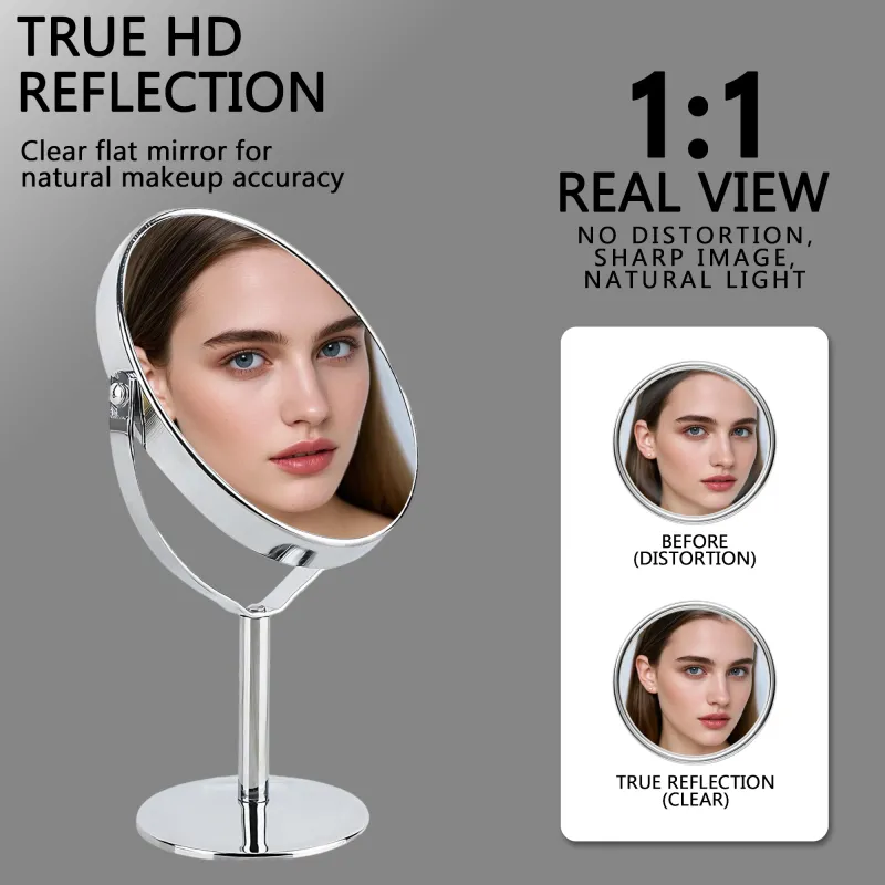 Desktop makeup mirror, rotatable stainless steel magnifying mirror, double-sided vanity mirror for students' dormitories and home use Silver-5