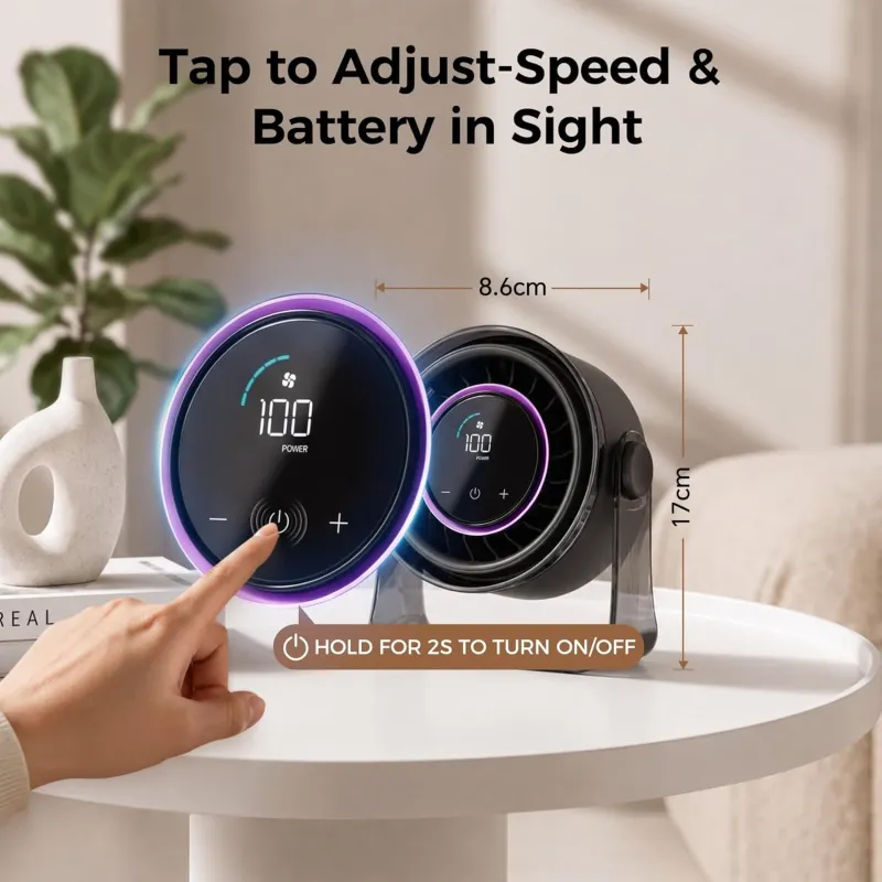 VoVoDeal BKF01 Digital Display Circulator Fan, 1800mAh Rechargeable Desktop Fan with Stepless Speed Regulation & LED Night Light, Portable Quiet Air Circulator for Home & Office Black-3