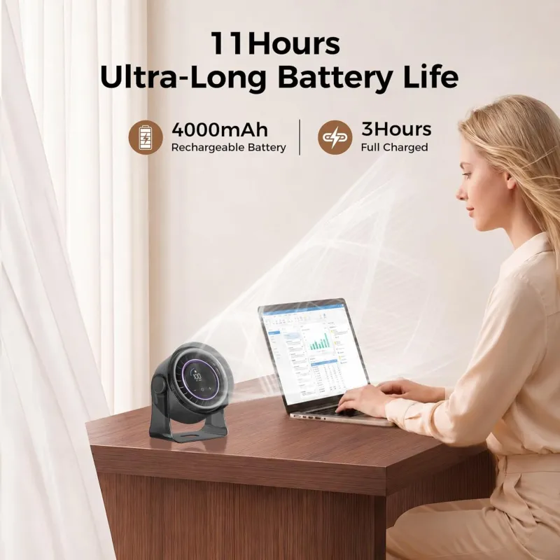 VoVoDeal BKF01 Digital Display Circulator Fan, 1800mAh Rechargeable Desktop Fan with Stepless Speed Regulation & LED Night Light, Portable Quiet Air Circulator for Home & Office Black-5