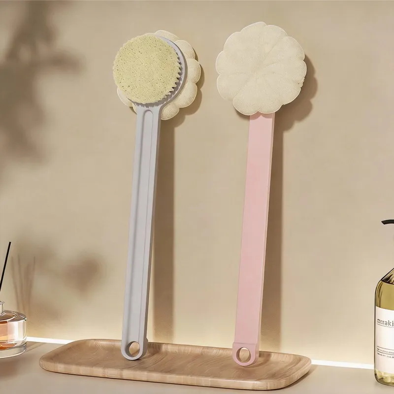 Double-sided Bath Brush Detachable Bathing Sponge Shower Ball With Long Handle For Exfoliating White-3