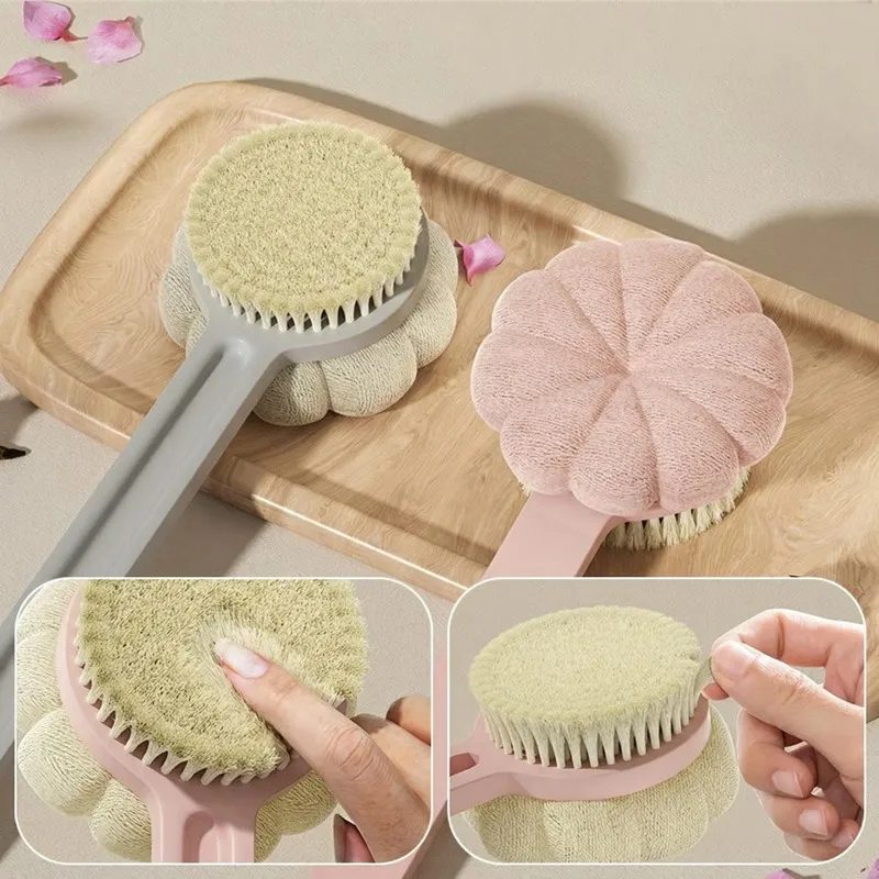 Double-sided Bath Brush Detachable Bathing Sponge Shower Ball With Long Handle For Exfoliating Pink-4
