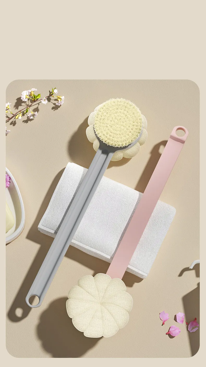 Double-sided Bath Brush Detachable Bathing Sponge Shower Ball With Long Handle For Exfoliating Pink-1