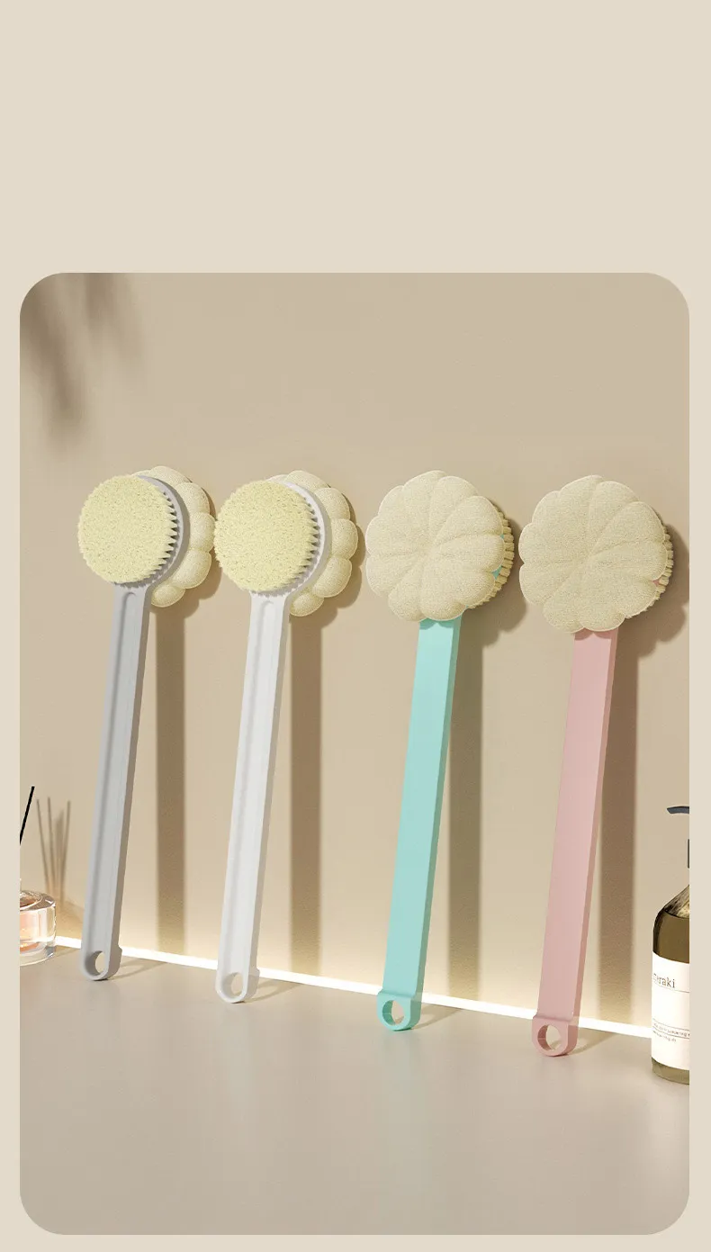 Double-sided Bath Brush Detachable Bathing Sponge Shower Ball With Long Handle For Exfoliating Pink-3