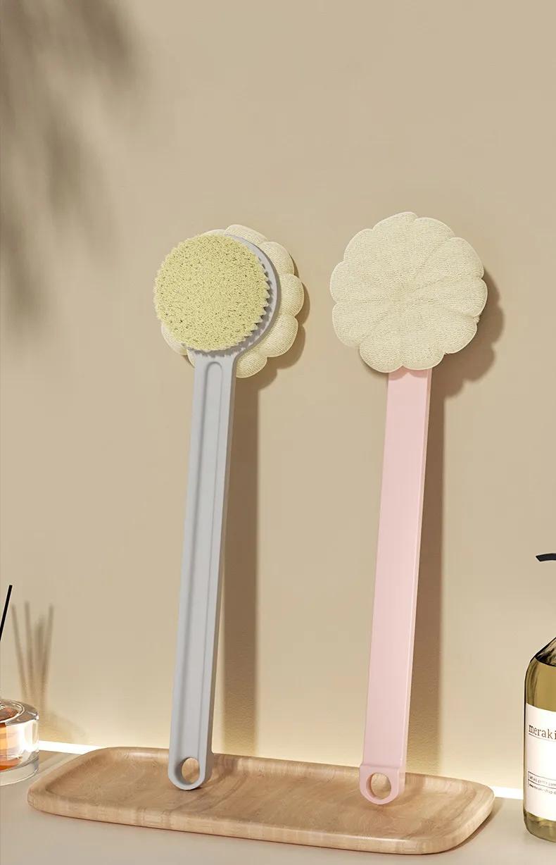 Double-sided Bath Brush Detachable Bathing Sponge Shower Ball With Long Handle For Exfoliating Gray-4