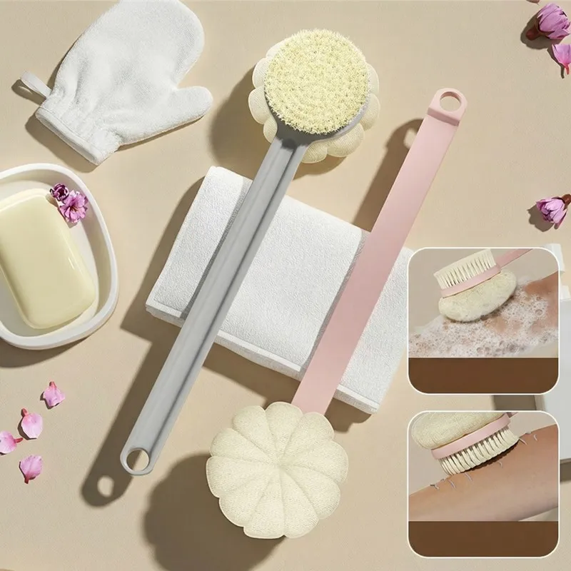 Double-sided Bath Brush Detachable Bathing Sponge Shower Ball With Long Handle For Exfoliating Blue-2
