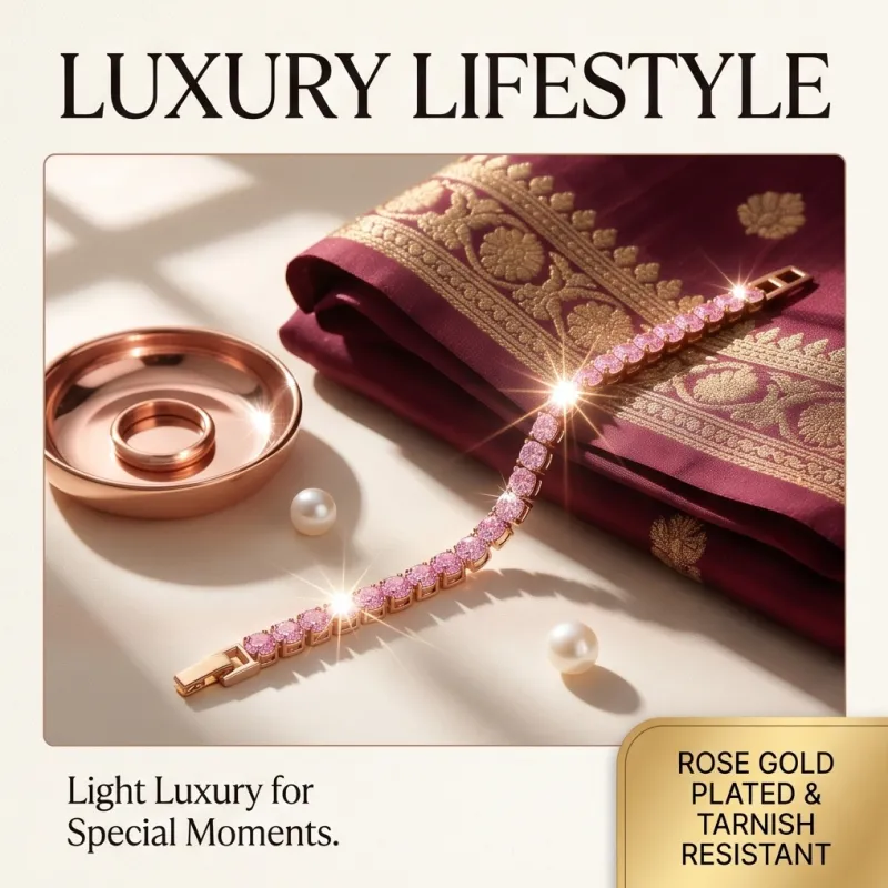 European and American niche light luxury zircon-studded chain, influencer-style fully encrusted bracelet, champagne color, does not fade Pink-3