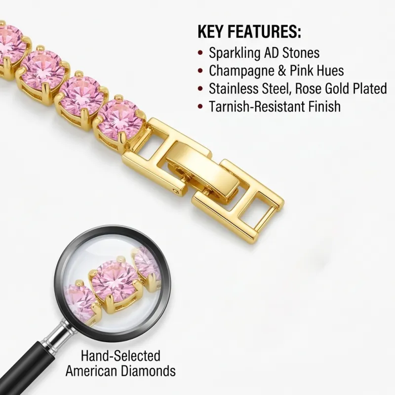 European and American niche light luxury zircon-studded chain, influencer-style fully encrusted bracelet, champagne color, does not fade Pink-4