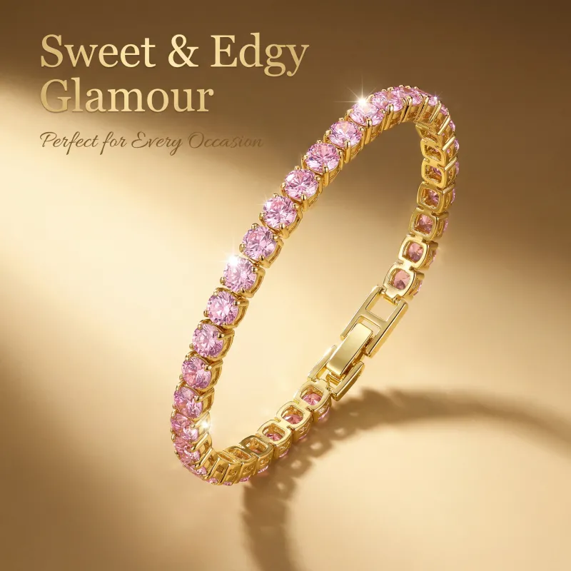 European and American niche light luxury zircon-studded chain, influencer-style fully encrusted bracelet, champagne color, does not fade Pink-5