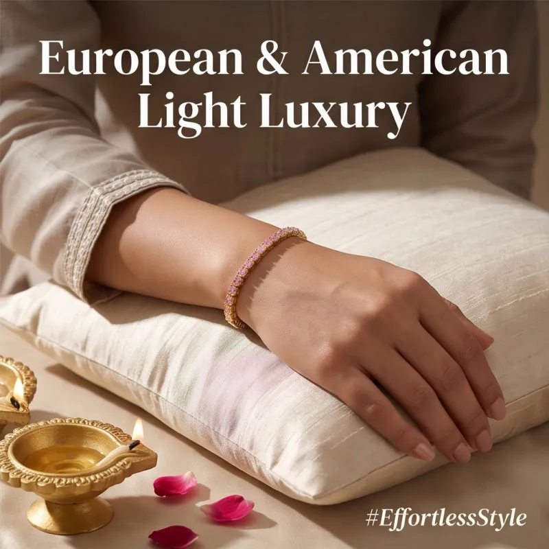 European and American niche light luxury zircon-studded chain, influencer-style fully encrusted bracelet, champagne color, does not fade Pink-6