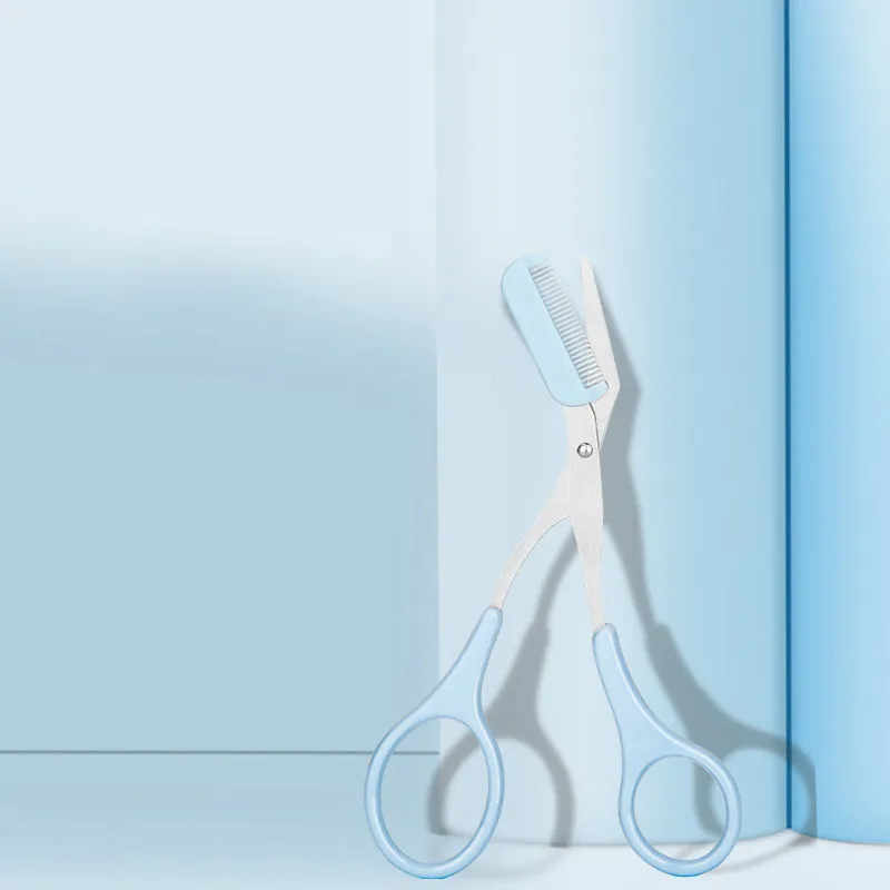 Eyebrow trimming scissors with a small comb, eyebrow comb and scissors, beginner-friendly, eyebrow comb and scissors, eyebrow shaping tools. Blue-3