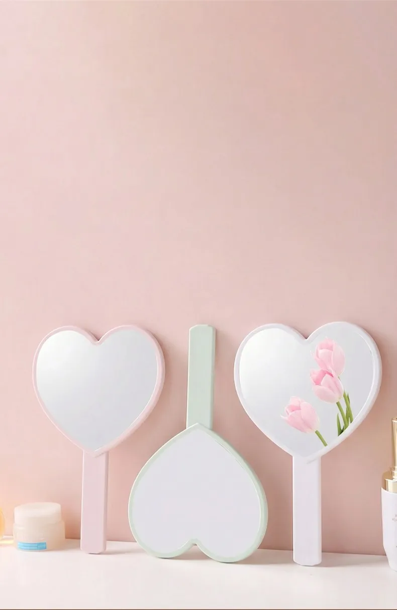 Handheld Makeup Mirror, Heart-Shaped Small Mirror, Portable Mini Hand Mirror for Girls, HD Handheld Mirror for Touch-Ups Pink-4
